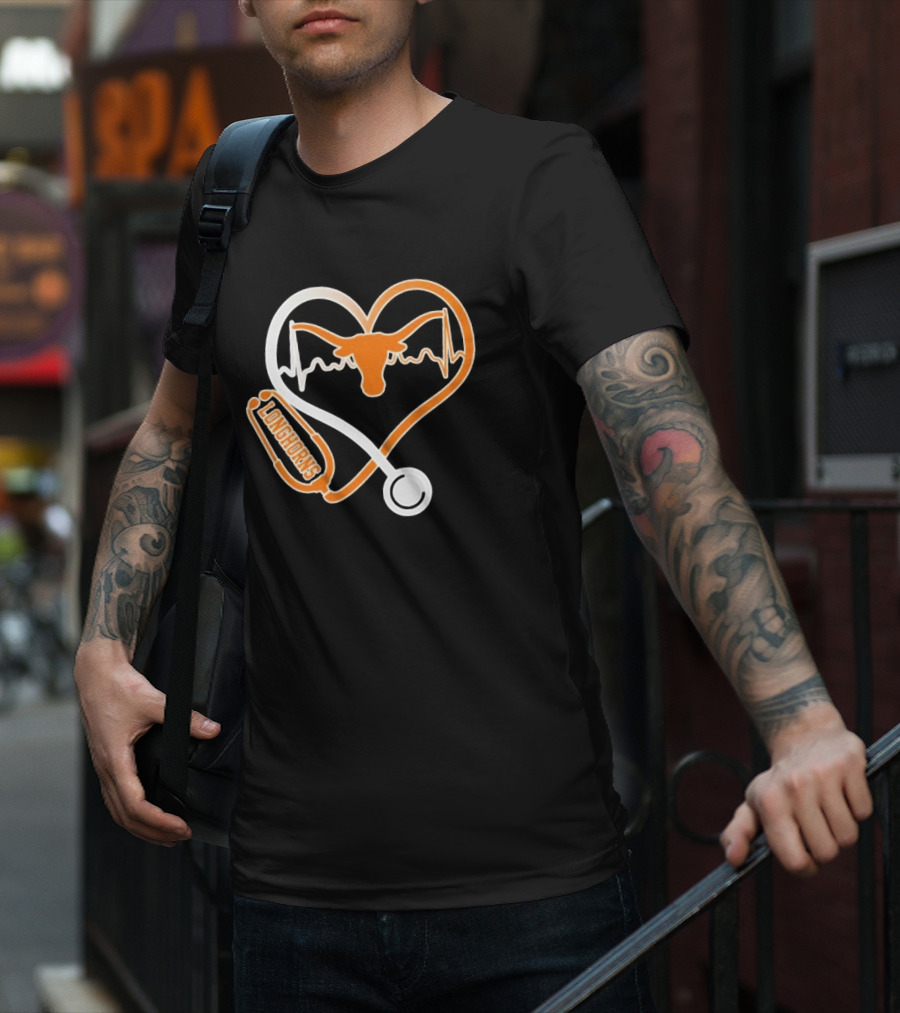 Texas Longhorns Caring Hearts Nurse Stethoscope Heartbeat T-Shirt