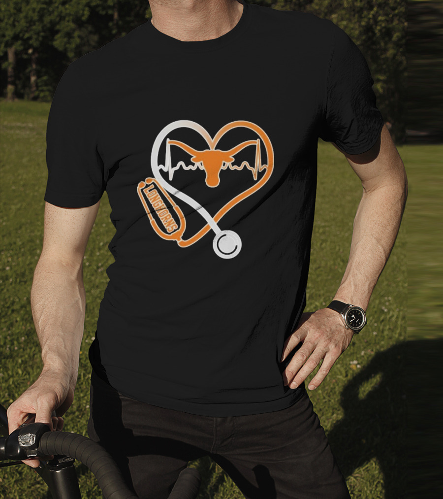 Texas Longhorns Caring Hearts Nurse Stethoscope Heartbeat T-Shirt