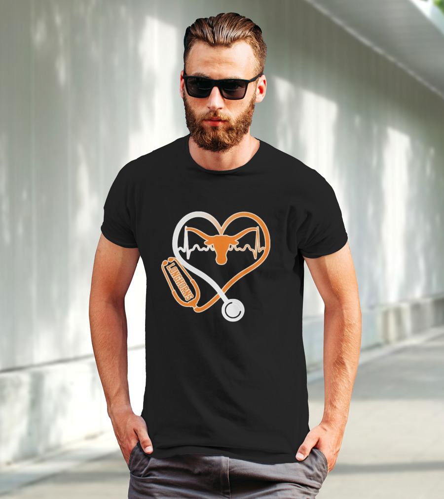 Texas Longhorns Caring Hearts Nurse Stethoscope Heartbeat T-Shirt