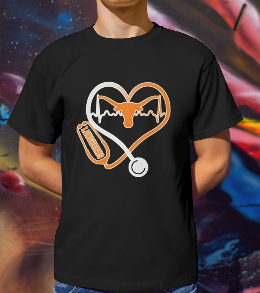 Texas Longhorns Caring Hearts Nurse Stethoscope Heartbeat T-Shirt