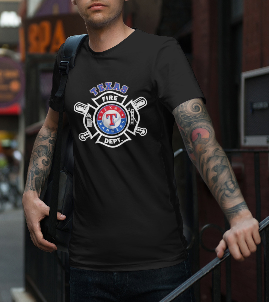 Texas Rangers Fire Dept Firefighters Maltese Cross Badge T-Shirt