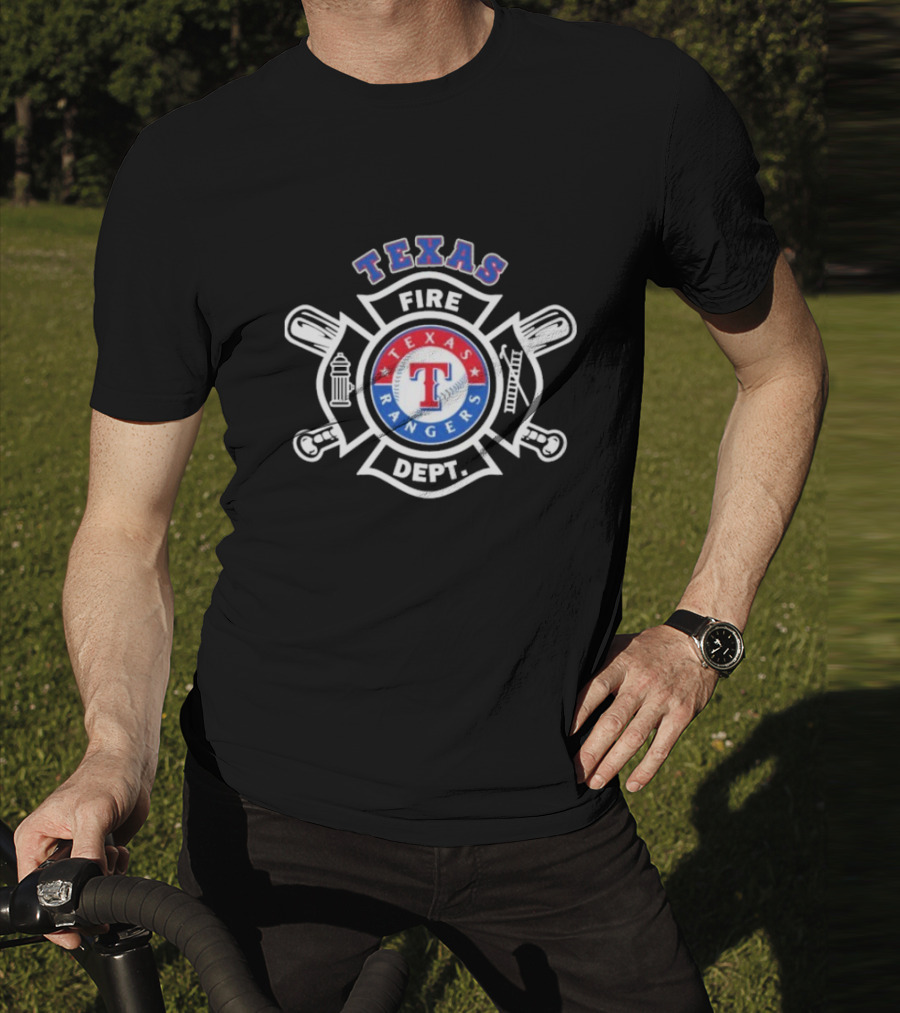 Texas Rangers Fire Dept Firefighters Maltese Cross Badge T-Shirt