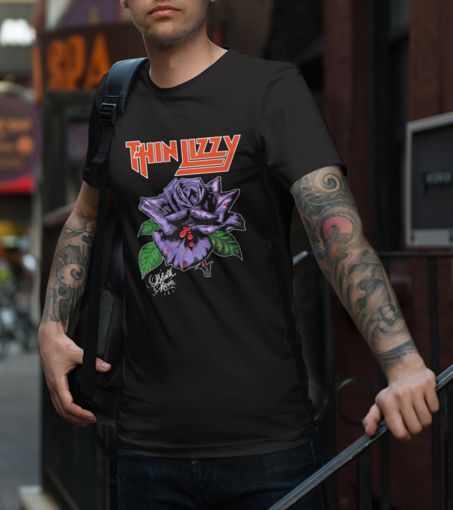 Thin Lizzy Black Rose With Purple Flower And Green Leaves T-Shirt