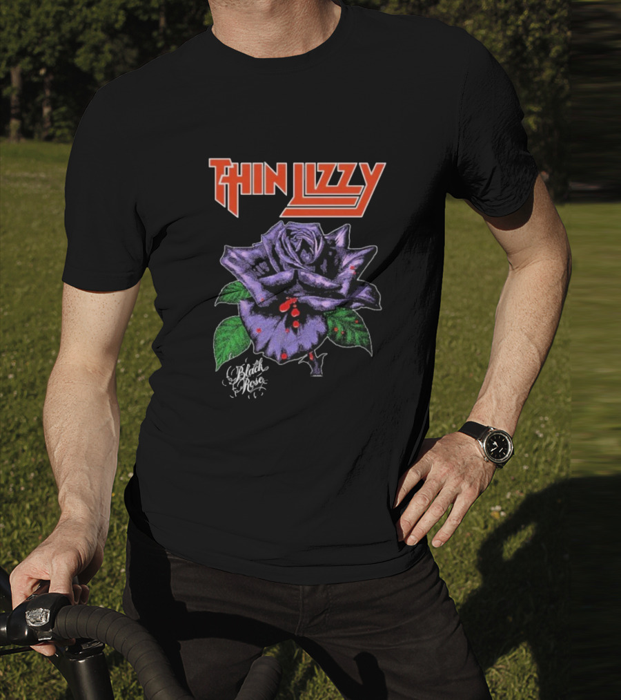 Thin Lizzy Black Rose With Purple Flower And Green Leaves T-Shirt