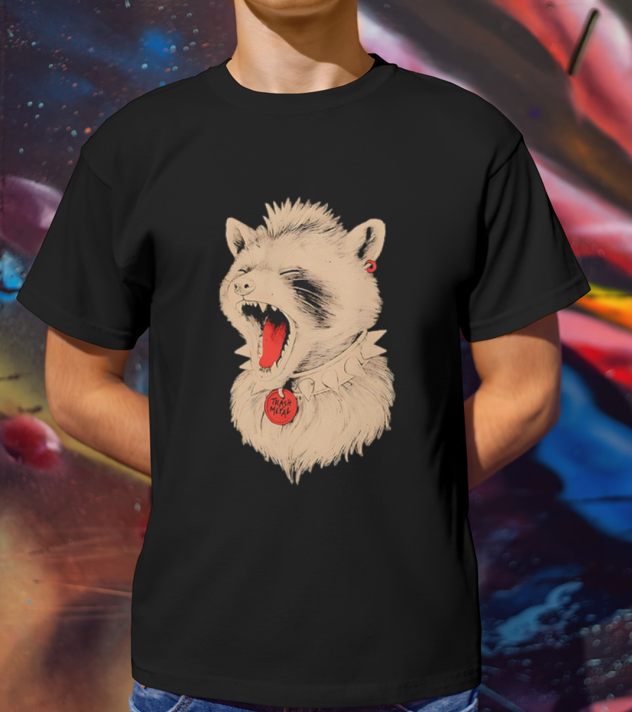 Trash Metal Raccoon With Spike Collar And Red Earring T-Shirt