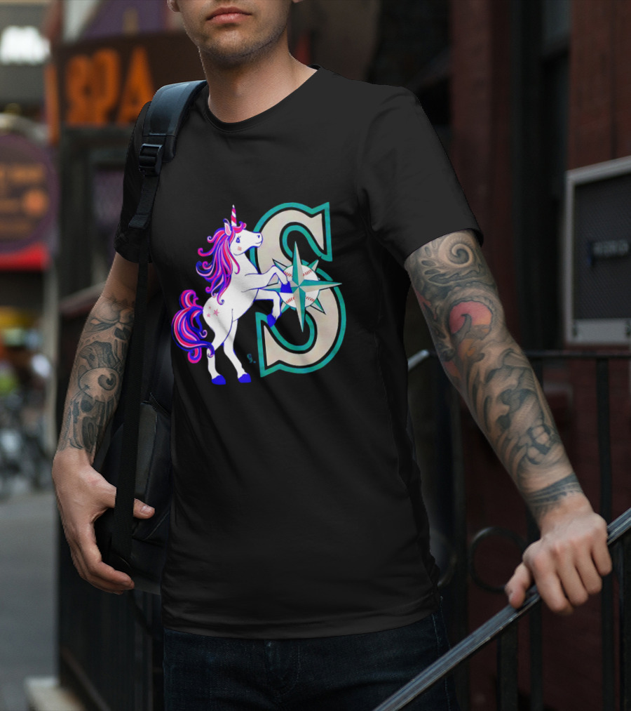 Unicorn Seattle Mariners Baseball Emblem With Compass And Stars T-Shirt