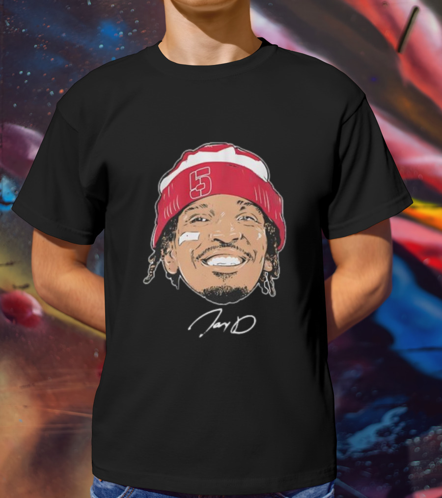 Washington Commanders Jayden Daniels Signature Face Bandage Number 5 Beanie T-Shirt