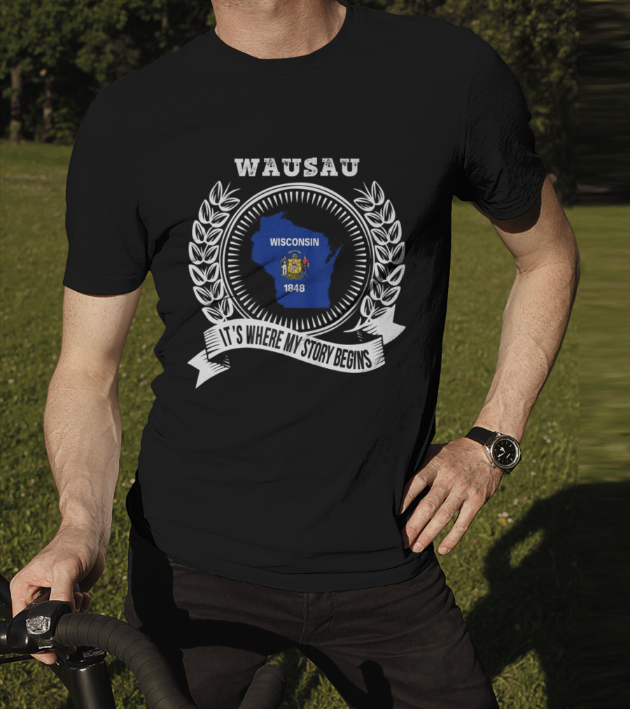 WAUSAU Wisconsin 1848 State Outline Emblem T-Shirt