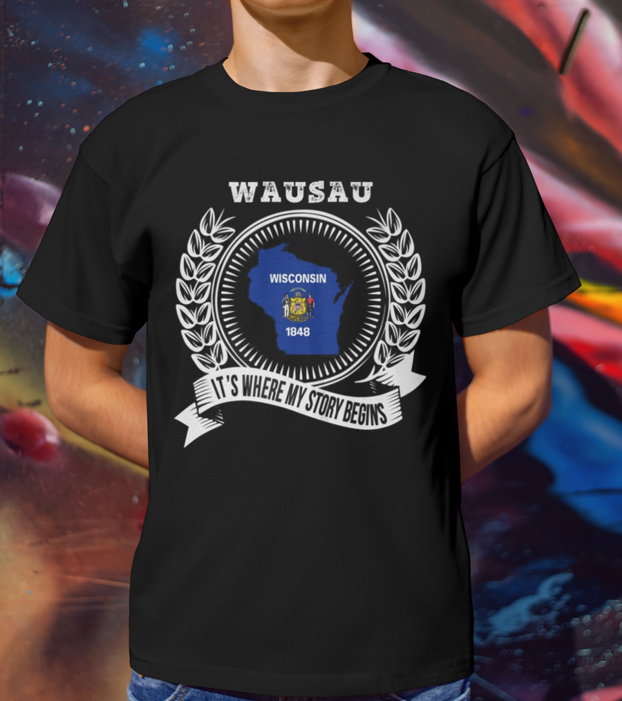 WAUSAU Wisconsin 1848 State Outline Emblem T-Shirt