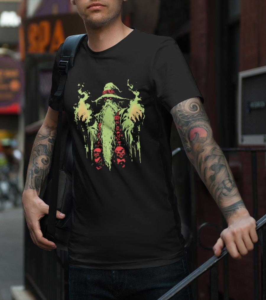 Wizard Of Doom Psychedelic Wizardry With Glowing Aura And Skull Elements T-Shirt