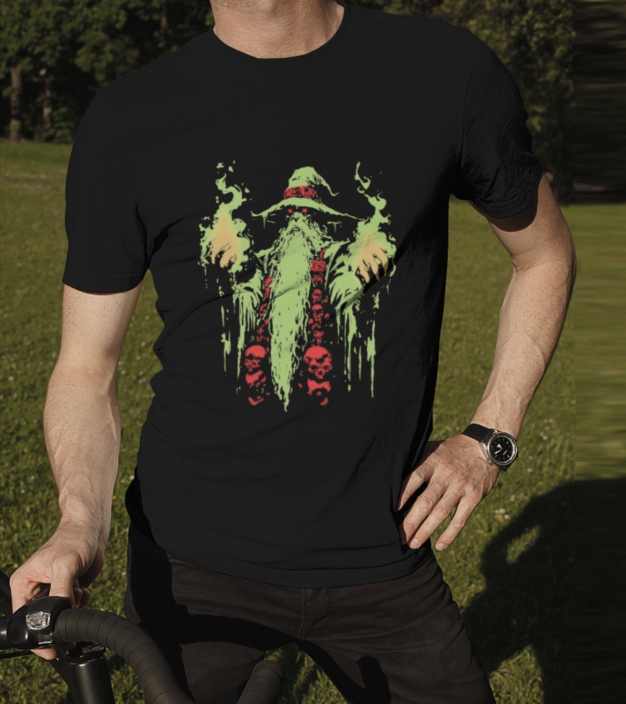 Wizard Of Doom Psychedelic Wizardry With Glowing Aura And Skull Elements T-Shirt