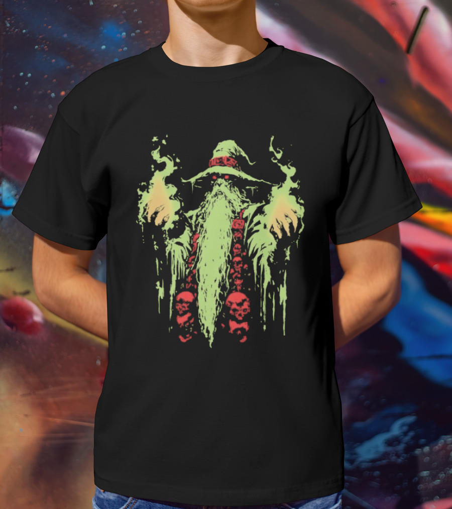 Wizard Of Doom Psychedelic Wizardry With Glowing Aura And Skull Elements T-Shirt