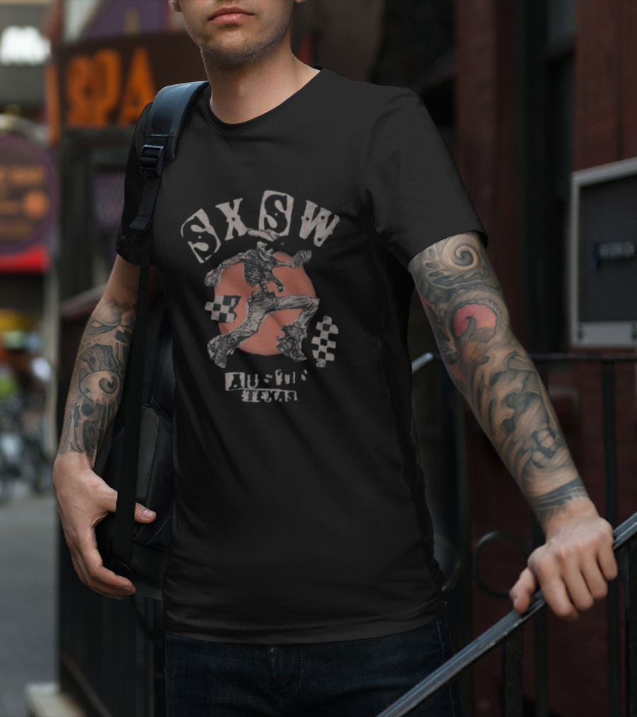 SXSW Bones Running Skeleton Austin Texas Checkered Flag Theme T-Shirt