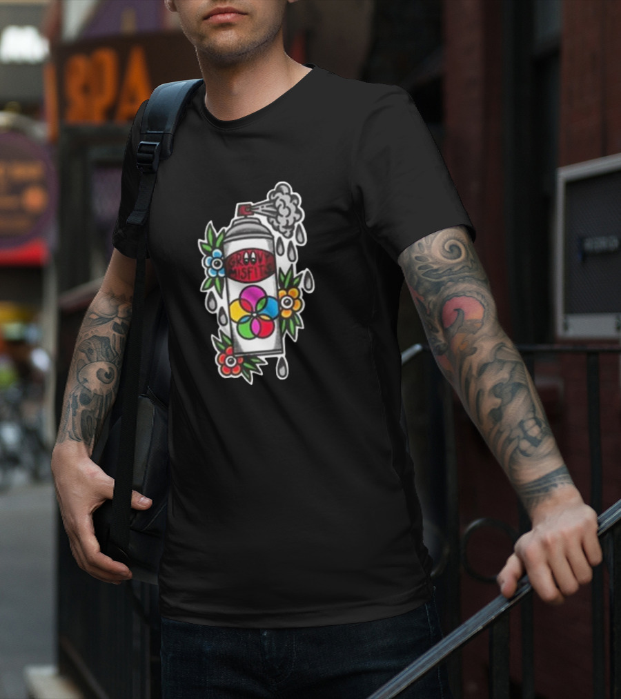 Tan Clemons Groovy Misfits Rattle Can Flower Power Design T-Shirt