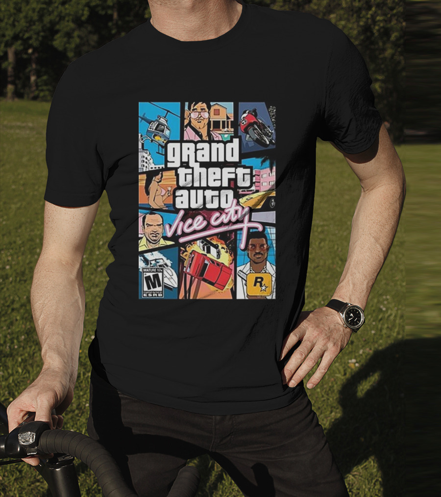 Grand Theft Auto Vice City Game Cover Art Helicopter Motorcycle Car Explosion R Star Logo T-Shirt