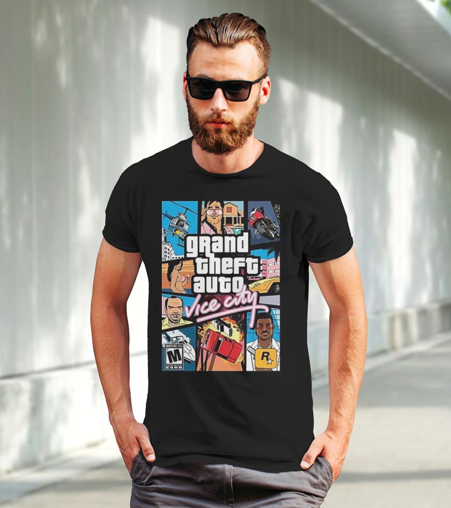 Grand Theft Auto Vice City Game Cover Art Helicopter Motorcycle Car Explosion R Star Logo T-Shirt