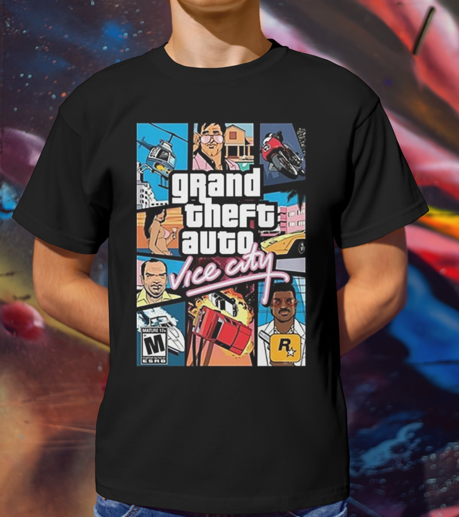 Grand Theft Auto Vice City Game Cover Art Helicopter Motorcycle Car Explosion R Star Logo T-Shirt