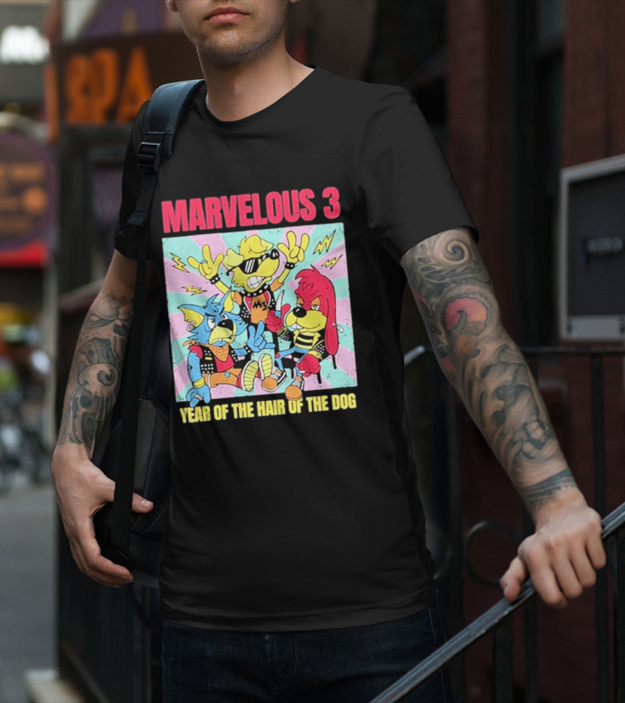 Marvelous 3 Year Of The Hair Of The Dog Cartoon Dogs With Punk Outfits And Sunglasses T-Shirt