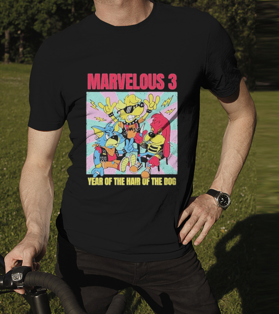 Marvelous 3 Year Of The Hair Of The Dog Cartoon Dogs With Punk Outfits And Sunglasses T-Shirt