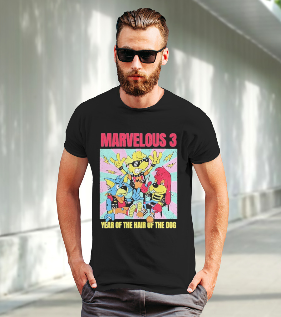 Marvelous 3 Year Of The Hair Of The Dog Cartoon Dogs With Punk Outfits And Sunglasses T-Shirt