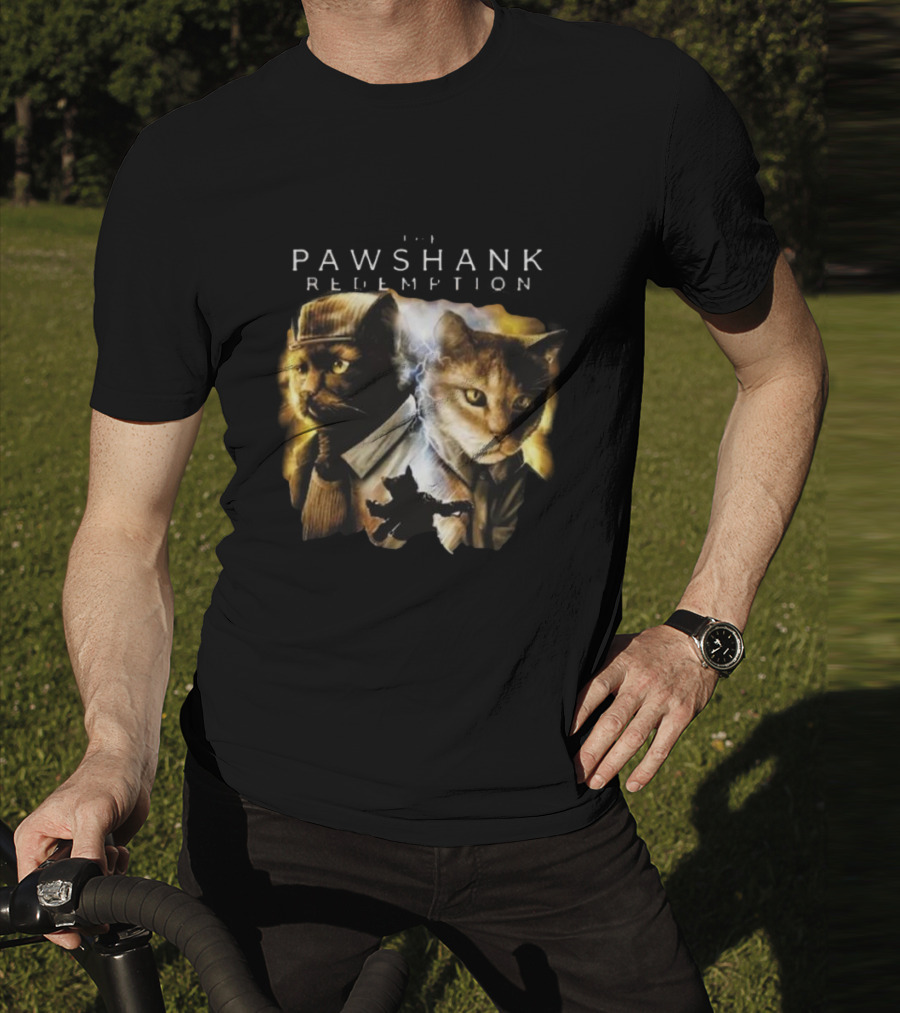 Pawshank Redemption Cat Movie Parody With Lightning And Cats In Prison Uniforms T-Shirt