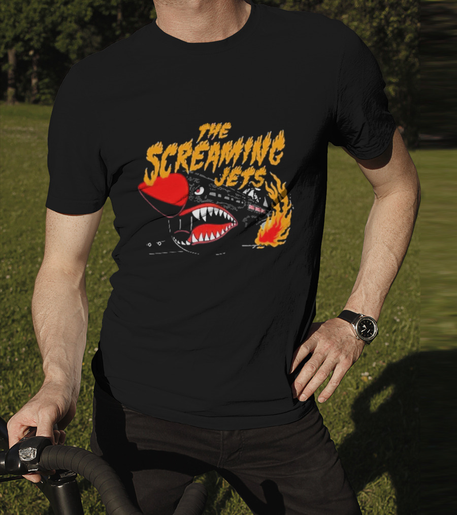 The Screaming Jets Flaming Jet With Fiery Cartoon Jet Fighter T-Shirt