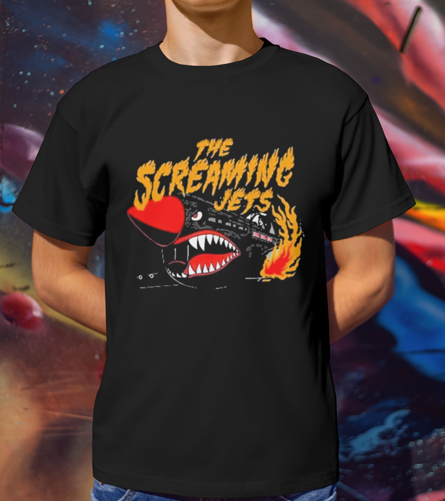 The Screaming Jets Flaming Jet With Fiery Cartoon Jet Fighter T-Shirt