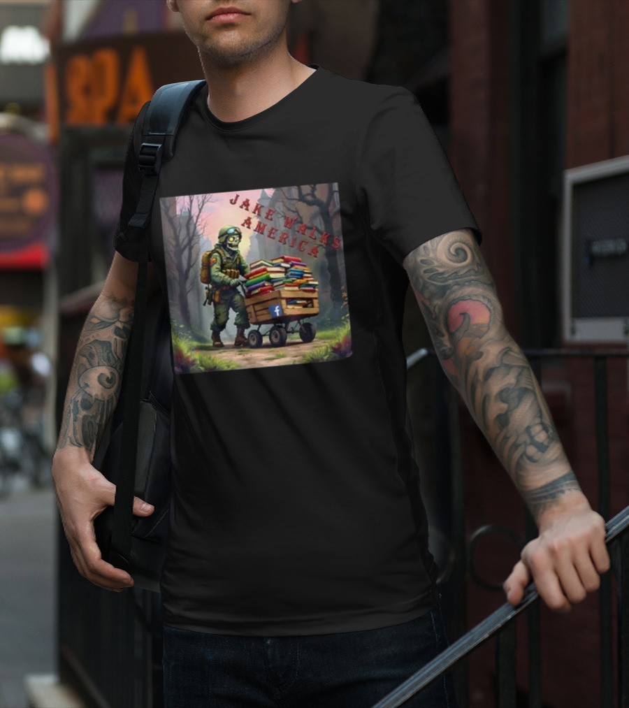 Zombie Soldier Pushing Book Cart Jake Walks America T-Shirt