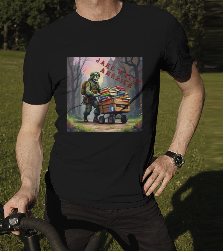 Zombie Soldier Pushing Book Cart Jake Walks America T-Shirt
