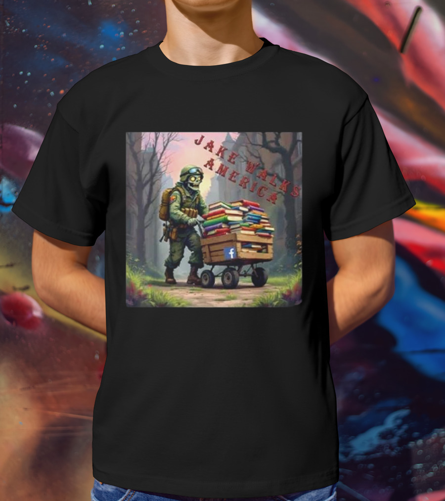 Zombie Soldier Pushing Book Cart Jake Walks America T-Shirt