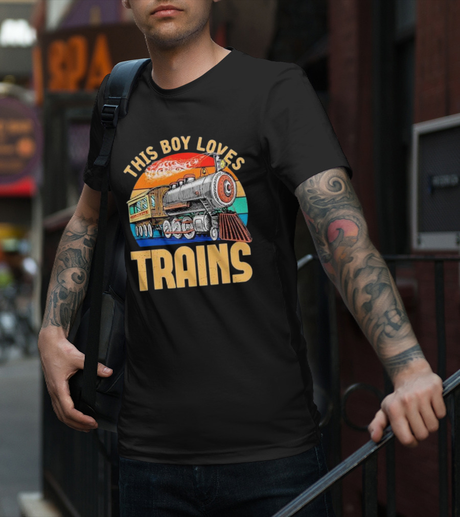 This Boy Loves Trains Vintage Steam Locomotive Railroad Enthusiast T-Shirt