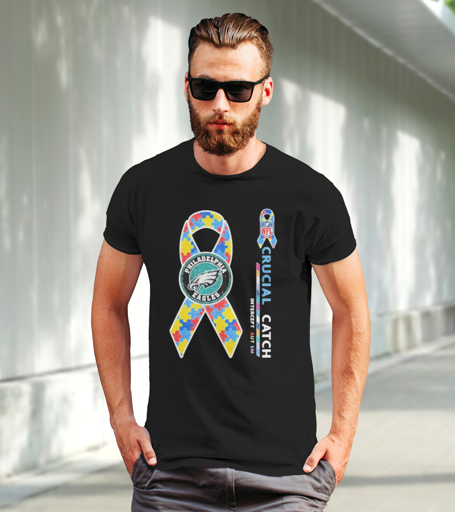 Philadelphia Eagles Autism Awareness Crucial Catch NFL Puzzle Ribbon T-Shirt