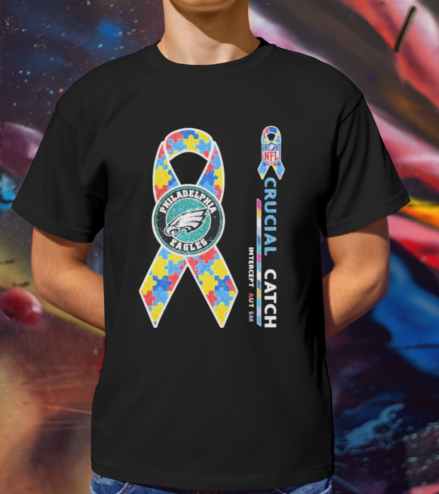 Philadelphia Eagles Autism Awareness Crucial Catch NFL Puzzle Ribbon T-Shirt