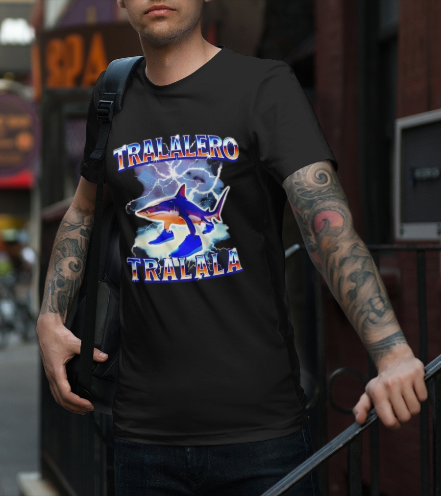 TRALALERO TRALALA Shark With Sneakers Lightning Background T-Shirt