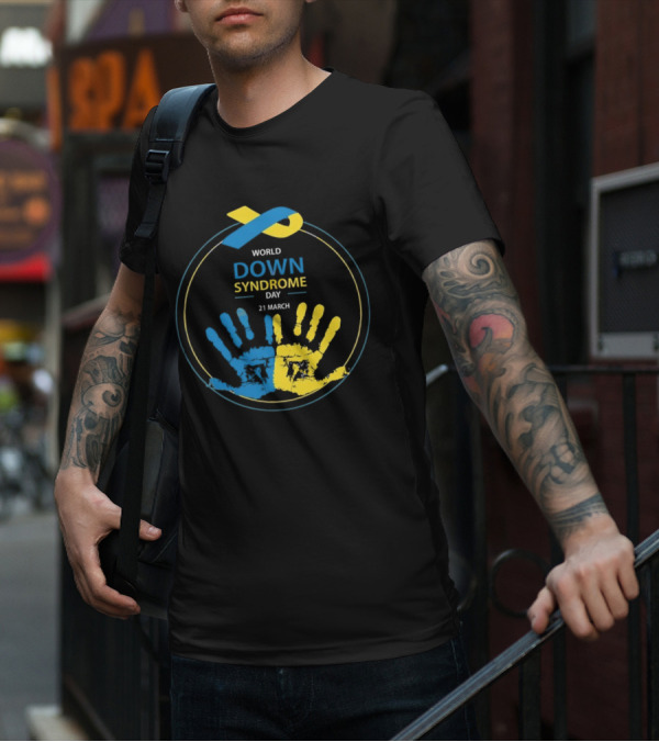World Down Syndrome Day 21 March Blue Yellow Handprint Ribbon T-Shirt