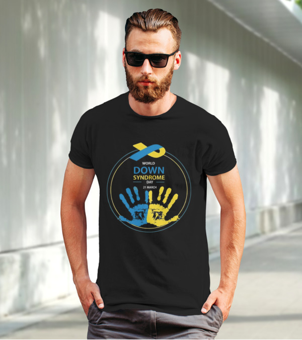 World Down Syndrome Day 21 March Blue Yellow Handprint Ribbon T-Shirt