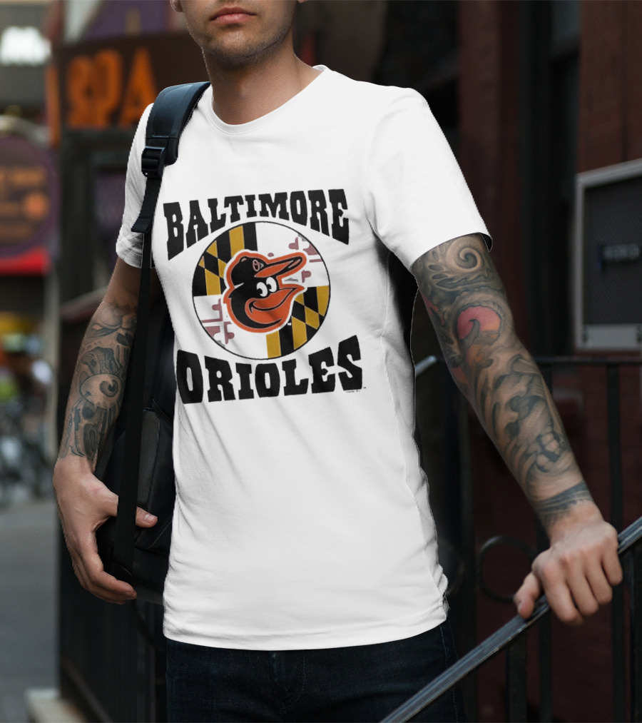 Baltimore Orioles Homage Hyper Local Tri-Blend Bird And Maryland Flag T-Shirt