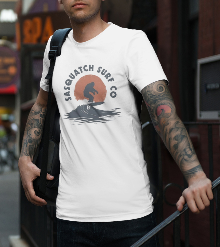 Sasquatch Surf Co Blurry Creatures Surfing Bigfoot Wave Sunset T-Shirt