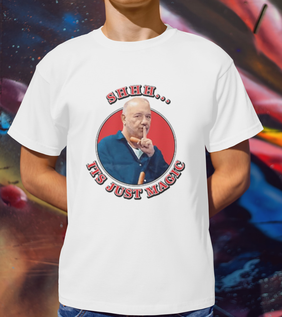 Bob Mortimer Shhh It's Just Magic Finger Gesture Silence Humor T-Shirt