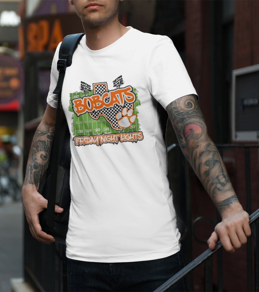 Bobcats Friday Night Lights Texas Football Paw Print Field Checkerboard T-Shirt