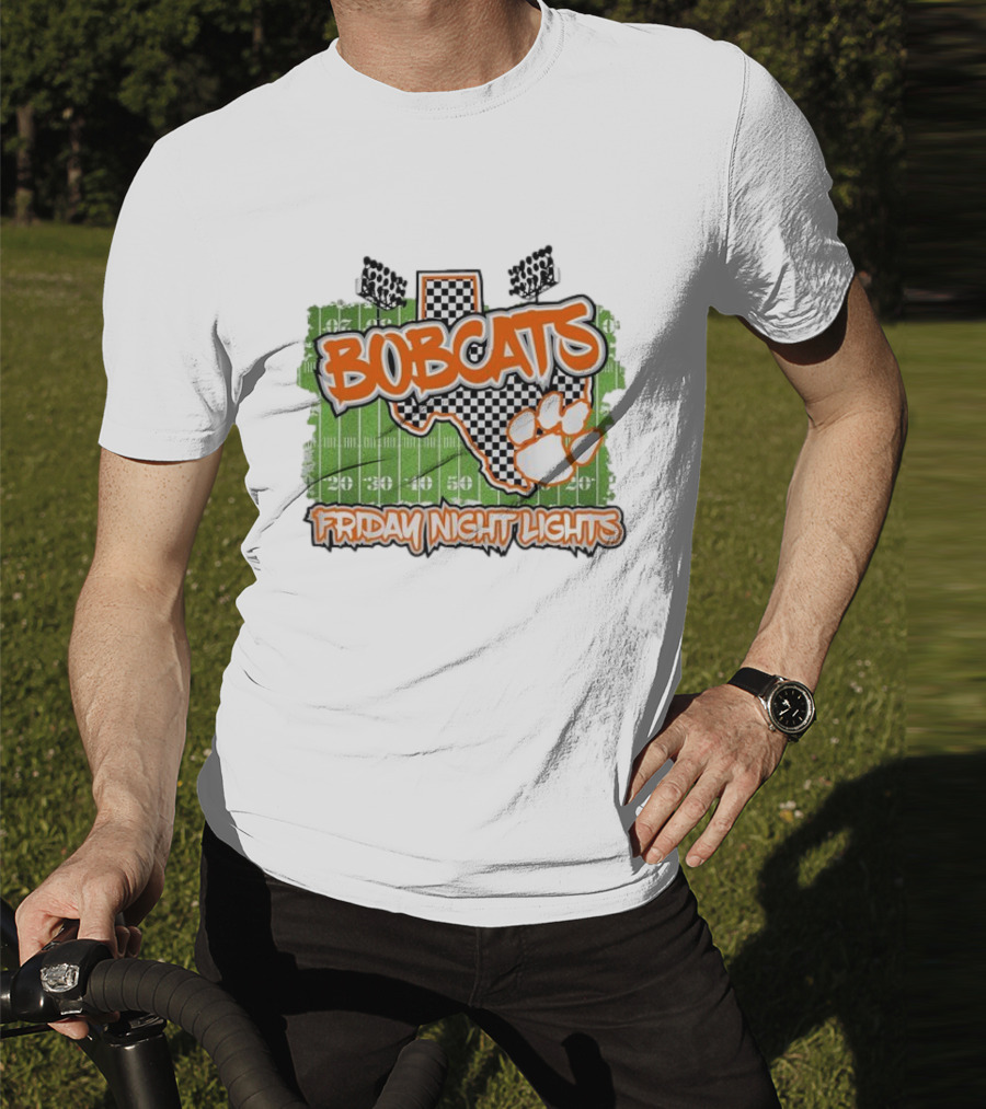 Bobcats Friday Night Lights Texas Football Paw Print Field Checkerboard T-Shirt