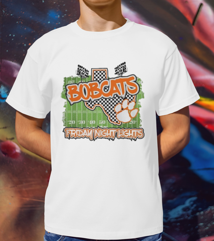 Bobcats Friday Night Lights Texas Football Paw Print Field Checkerboard T-Shirt