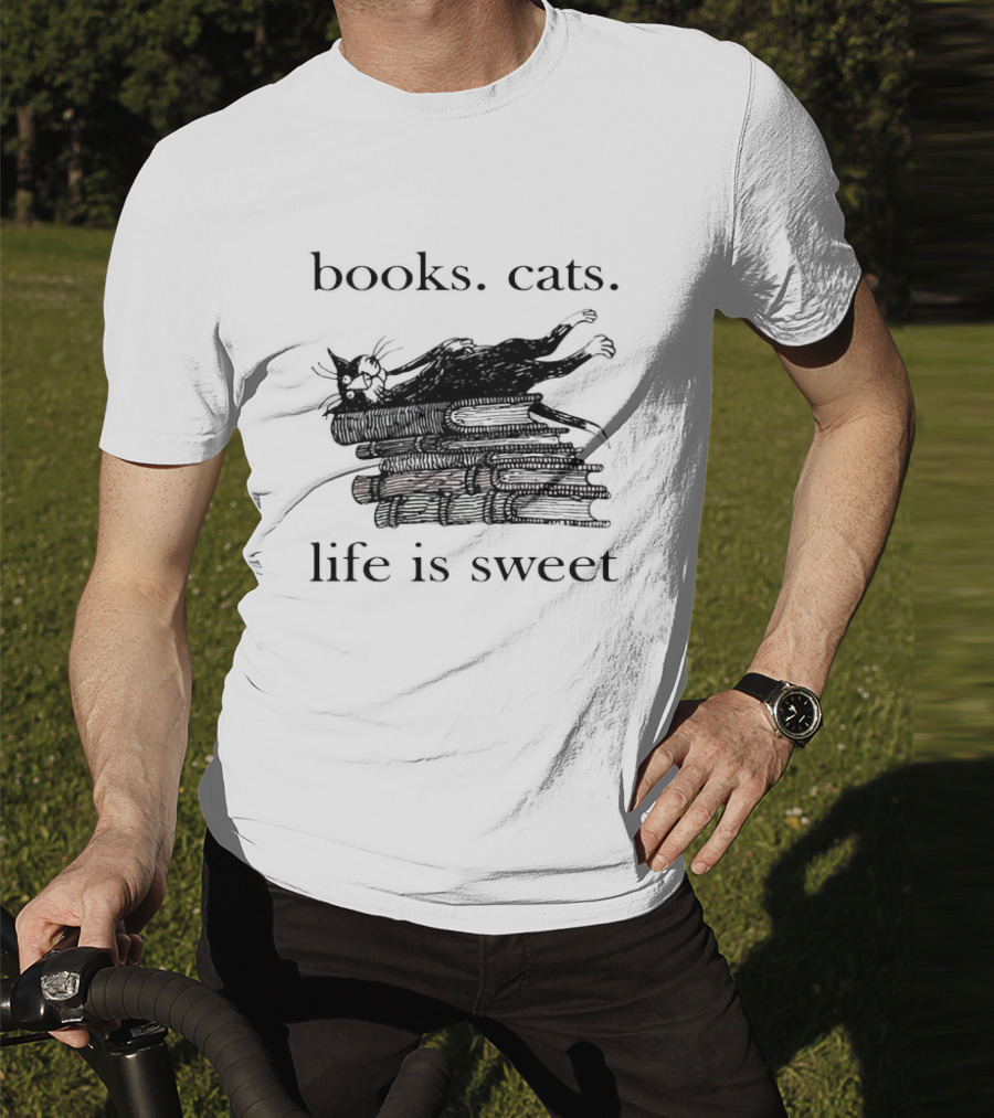 Books Cats Life Is Sweet Relaxing Cat On Stacked Books With Coffee Cup T-Shirt