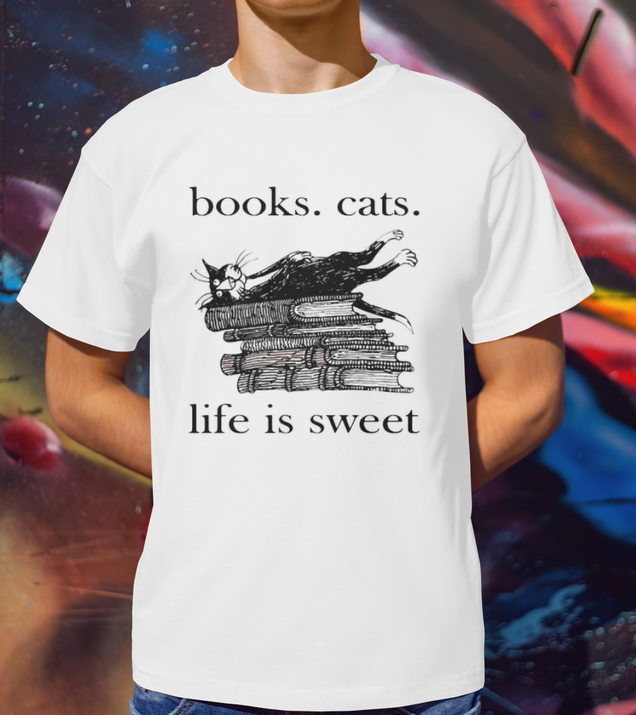 Books Cats Life Is Sweet Relaxing Cat On Stacked Books With Coffee Cup T-Shirt