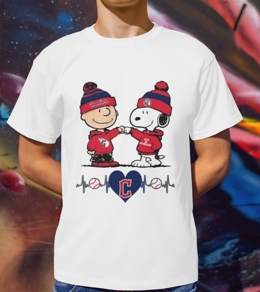 Charlie Brown Snoopy Cleveland Guardians Heartbeat Guardians Cap And T-Shirt