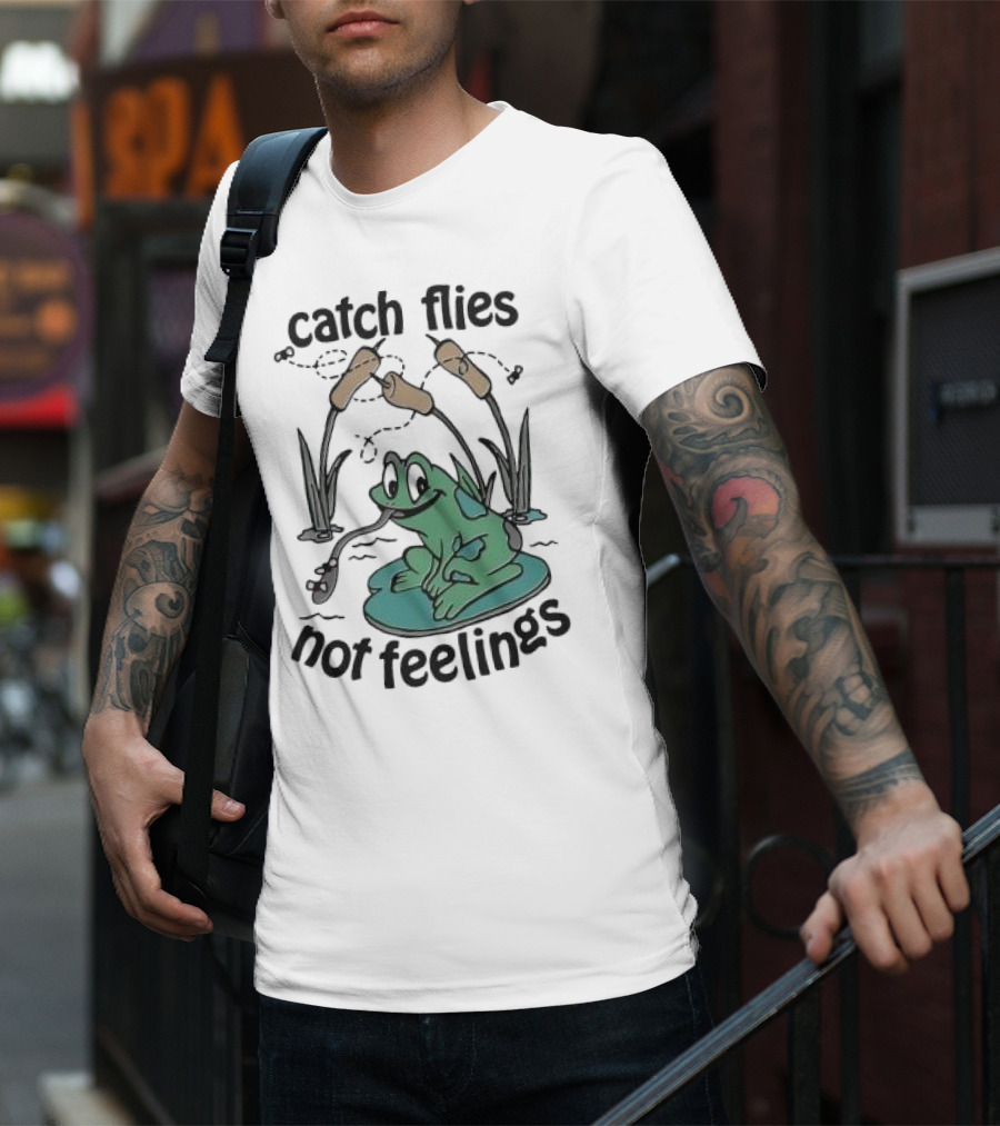 Catch Flies Not Feelings Frog On Lily Pad With Swirling Flies T-Shirt