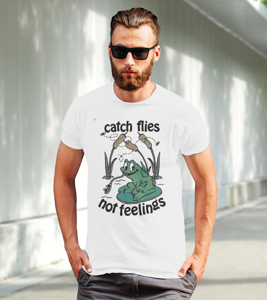 Catch Flies Not Feelings Frog On Lily Pad With Swirling Flies T-Shirt
