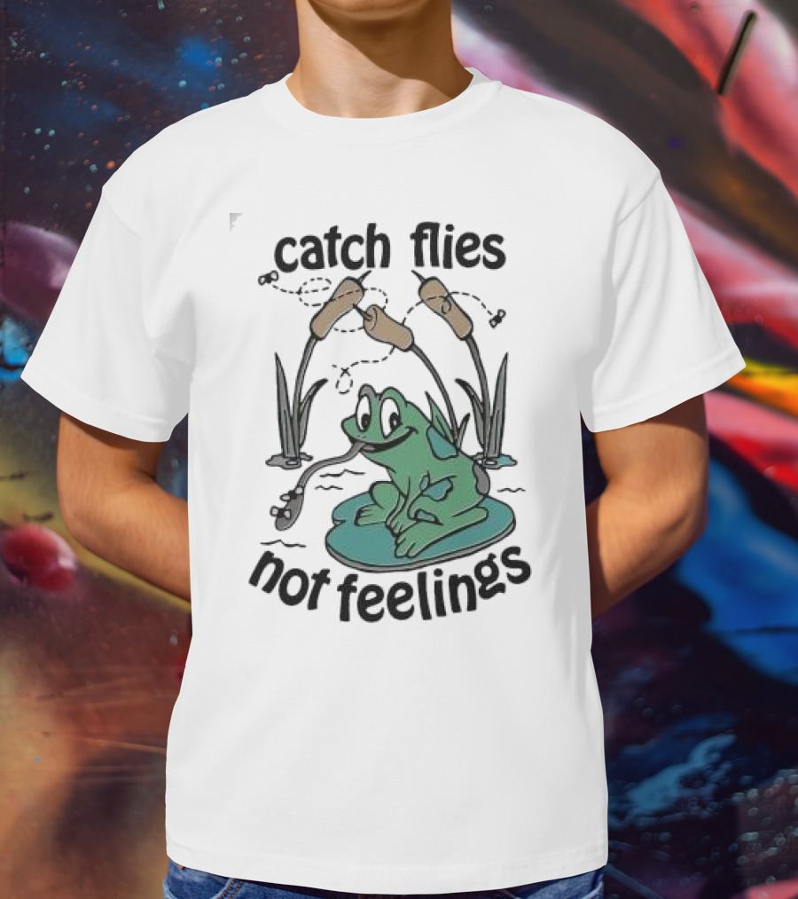 Catch Flies Not Feelings Frog On Lily Pad With Swirling Flies T-Shirt