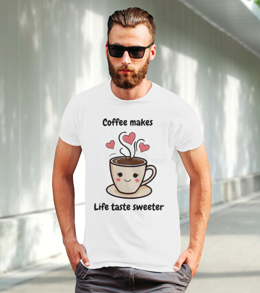 Coffee Makes Life Taste Sweeter Cute Coffee Cup With Hearts T-Shirt