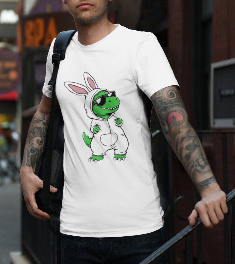 Cool Dino Wearing Easter Bunny Rabbit Costume With Sunglasses T-Shirt